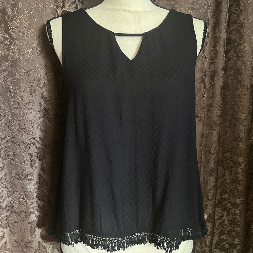 Ripcurl Feminine Top Black w/ Lace Back & Fringe Hem Size Large